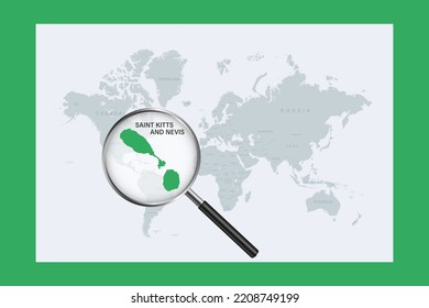 Map of Saint Kitts and Nevis on political world map with magnifying glass