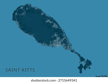 Map of Saint Kitts and Nevis, rendered in shades of blue. The islands are surrounded by a lighter blue ocean. The map includes intricate details of the island's topography, roads, and urban areas.