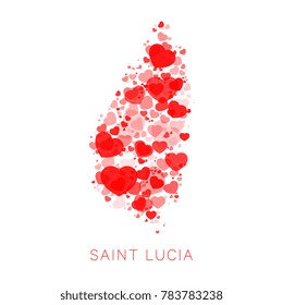 map of saint lucia filled with heart shapes of different sizes and degrees of transparency on white background