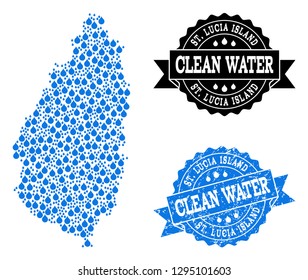 Map of Saint Lucia Island vector mosaic and clean water grunge stamp. Map of Saint Lucia Island composed with blue liquid tears. Seal with grunge rubber texture for clean drinking water.