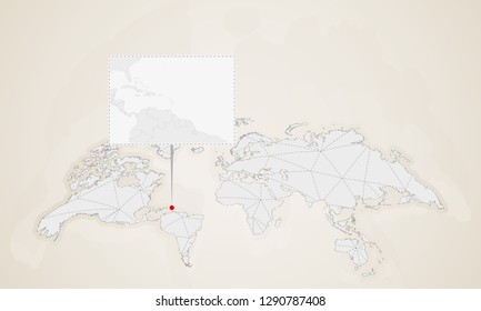 Map of Saint Lucia with neighbor countries pinned on world map. Abstract triangles World Map.