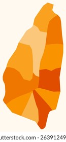 Map of Saint Lucia with regions. A simple country border map with regional divisions. Orange color palette. Flat Saint Lucia shape with administrative division. Vector illustration.