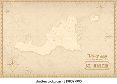 Map of Saint Martin in the old style, brown graphics in retro fantasy style