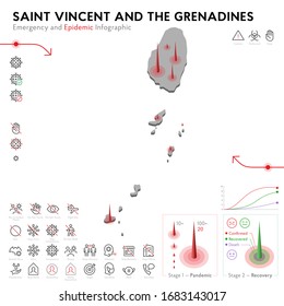 Map of Saint Vincent Epidemic and Quarantine Emergency Infographic Template. Editable Line icons for Pandemic Statistics. Vector illustration of Virus, Coronavirus, Epidemiology protection. Isolated