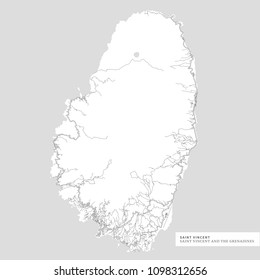 Map of Saint Vincent Island, Saint Vincent and the Grenadines, contains geography outlines for land mass, water, major roads and minor roads.