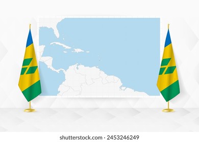 Karte von St. Vincent und die Grenadinen und Flaggen von St. Vincent und die Grenadinen auf Flagge Stand. Vektorillustration für Diplomatietreffen.