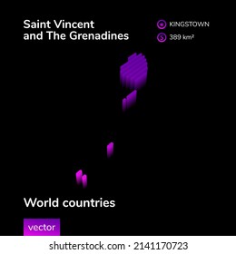 Map of Saint Vincent and Grenadines. Stylized striped isometric neon vector 3d map is in violet colors on black background