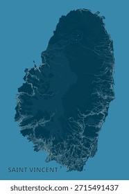 Mapa de Isla de San Vicente. La isla está representada en tonos de azul oscuro, con líneas azules más claras que indican la elevación y las vías fluviales. El océano circundante es un azul más claro.