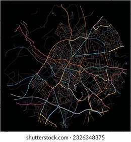 Map of SaintAlbans, East of England with all major and minor roads, railways and waterways. Colorful line art on black background.