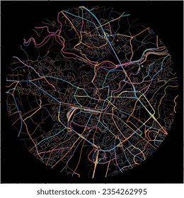 Map of Saint-Brieuc, Côtes-d Armor with all major and minor roads, railways and waterways. Colorful line art on black background.