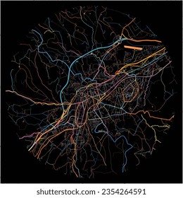 Map of Saint-Chamond, Loire with all major and minor roads, railways and waterways. Colorful line art on black background.