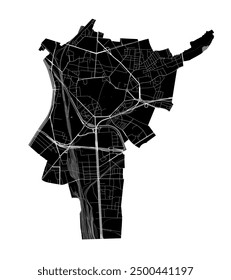 Map of Saint-Denis, France. Detailed city vector map, metropolitan area. Black and white streetmap with roads and water.