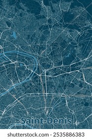 Map of Saint-Denis, France, rendered in a minimalist style. The map features a dark blue background with white lines representing streets and roads.