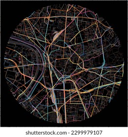 Map of Saint-Denis, Seine-Saint-Denis with all major and minor roads, railways and waterways. Colorful line art on black background.