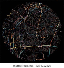 Map of Sainte-Genevieve-des-Bois, Essonne with all major and minor roads, railways and waterways. Colorful line art on black background.