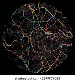 Map of Saint-Etienne, Loire with all major and minor roads, railways and waterways. Colorful line art on black background.