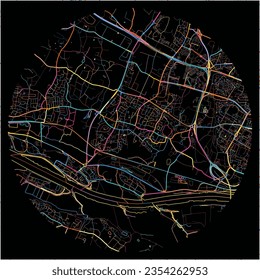 Map of Saint-Herblain, Loire-Atlantique with all major and minor roads, railways and waterways. Colorful line art on black background.