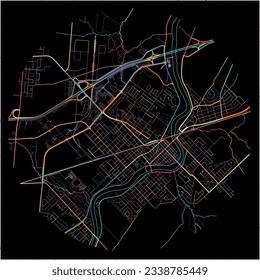 Map of Saint-Hyacinthe, Quebec with all major and minor roads, railways and waterways. Colorful line art on black background.