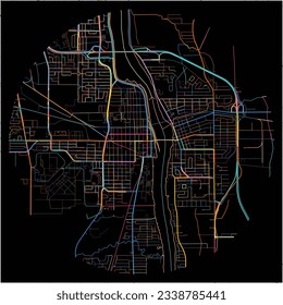 Map of Saint-Jean-sur-Richelieu, Quebec with all major and minor roads, railways and waterways. Colorful line art on black background.