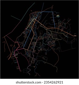 Map of Saint-Laurent-du-Maroni, Guyane with all major and minor roads, railways and waterways. Colorful line art on black background.