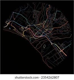 Map of Saint-Louis, Réunion with all major and minor roads, railways and waterways. Colorful line art on black background.