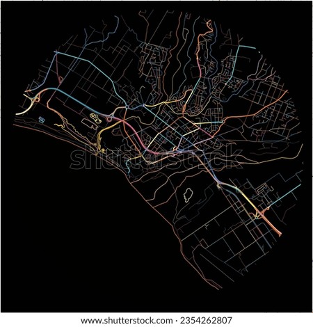 Map of Saint-Louis, Réunion with all major and minor roads, railways and waterways. Colorful line art on black background.