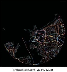 Map of Saint-Malo, Ille-et-Vilaine with all major and minor roads, railways and waterways. Colorful line art on black background.