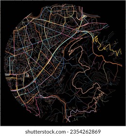 Karte von Saint-Martin-dHeres, Isère mit allen wichtigen und kleineren Straßen, Eisenbahnen und Wasserstraßen. Farbige Linienkunst auf schwarzem Hintergrund.
