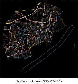 Map of Saint-Nazaire, Loire-Atlantique with all major and minor roads, railways and waterways. Colorful line art on black background.