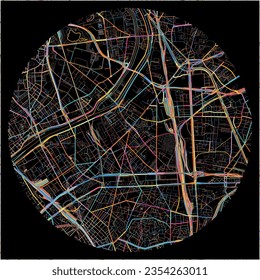 Karte von Saint-Ouen, Seine-Saint-Denis mit allen wichtigen und kleineren Straßen, Eisenbahnen und Wasserstraßen. Farbige Linienkunst auf schwarzem Hintergrund.