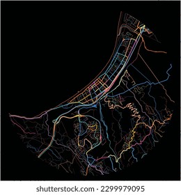 Map of Saint-Paul, Réunion with all major and minor roads, railways and waterways. Colorful line art on black background.