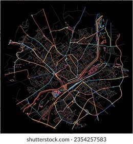 Map of Saint-Quentin, Aisne with all major and minor roads, railways and waterways. Colorful line art on black background.