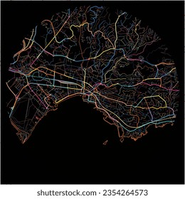 Map of Saint-Raphael, Var with all major and minor roads, railways and waterways. Colorful line art on black background.