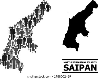 Map of Saipan Island for national promotion. Vector demographics collage. Concept map of Saipan Island created of population elements. Demographic concept in dark grey color tinges.