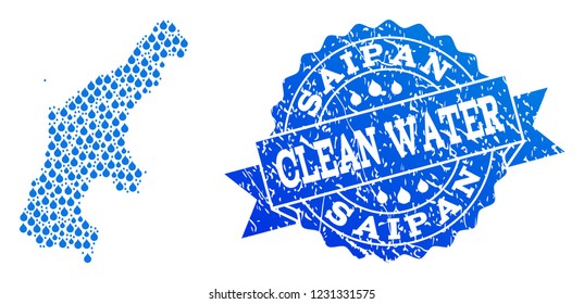 Map of Saipan Island vector mosaic and clean water grunge stamp. Map of Saipan Island formed with blue water raindrops. Seal with unclean rubber texture for clean drinking water.