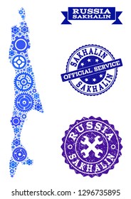 Map of Sakhalin Island created with blue gear symbols, and isolated scratched stamps for official repair services.