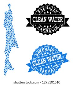 Map of Sakhalin Island vector mosaic and clean water grunge stamp. Map of Sakhalin Island designed with blue aqua dews. Seal with grunge rubber texture for clean drinking water.