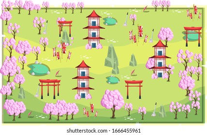 Mapa del paisaje japonés Sakura con hogar, estanque de peces y adorno de estilo japonés para ideas de diseño de ilustración vectorial