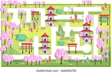 Map Sakura Japanese Theme with Path and Home, Fish Pond and Japanese Style Ornament for 2D Game Platformer Vector Illustration 