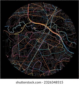 Map of Sale, North West England with all major and minor roads, railways and waterways. Colorful line art on black background.