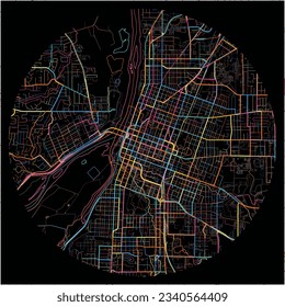 Mapa de Salem, Oregón con todas las carreteras principales y menores, ferrocarriles y vías fluviales. Coloridas líneas de arte sobre fondo negro.