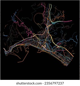 Map of Salerno, Campania with all major and minor roads, railways and waterways. Colorful line art on black background.