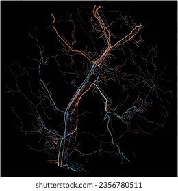 Map of Salgotarjan, Nógrád with all major and minor roads, railways and waterways. Colorful line art on black background.