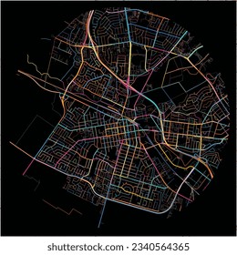 Map of Salinas, California with all major and minor roads, railways and waterways. Colorful line art on black background.
