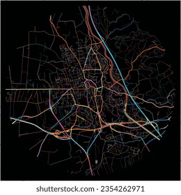 Karte von Salon-de-Provence, Bouches-du-Rhône mit allen wichtigen und kleineren Straßen, Eisenbahnen und Wasserstraßen. Farbige Linienkunst auf schwarzem Hintergrund.