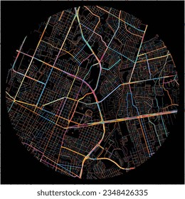 Mapa de Saltillo, Coahuila con todas las carreteras principales y menores, ferrocarriles y vías fluviales. Coloridas líneas de arte sobre fondo negro.