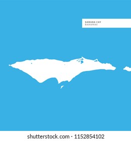 Map of Samana Cay Island, Bahamas, contains geography outlines for land mass, water, major roads and minor roads.