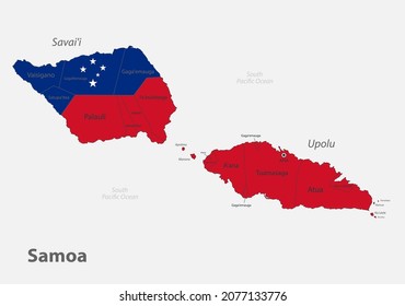 Karte von Samoa in den Farben der Flagge mit Verwaltungsspalten, Vektorgrafik