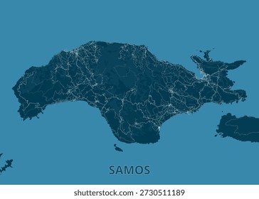 Karte der Insel Samos, in Blautönen dargestellt. Die Topographie der Insel wird durch dunklere blaue Schattierungen hervorgehoben, während ein Netz weißer Linien Straßen und Wege darstellt. 