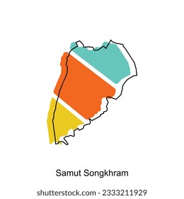Mapa de la plantilla de diseño de vectores Samut Songkhram, fronteras nacionales e importantes ilustraciones de ciudades